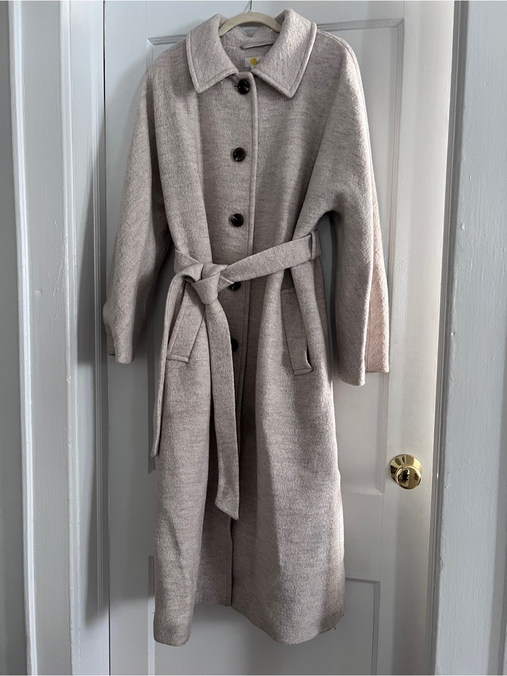 Boden Classic Long Belted Winter Coat in Light Taupe